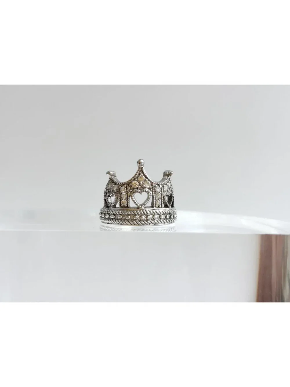 Crown Shaped Milgrain CZ Stone Beaded Sterling Silver 925 Vintage Ring - sz 6